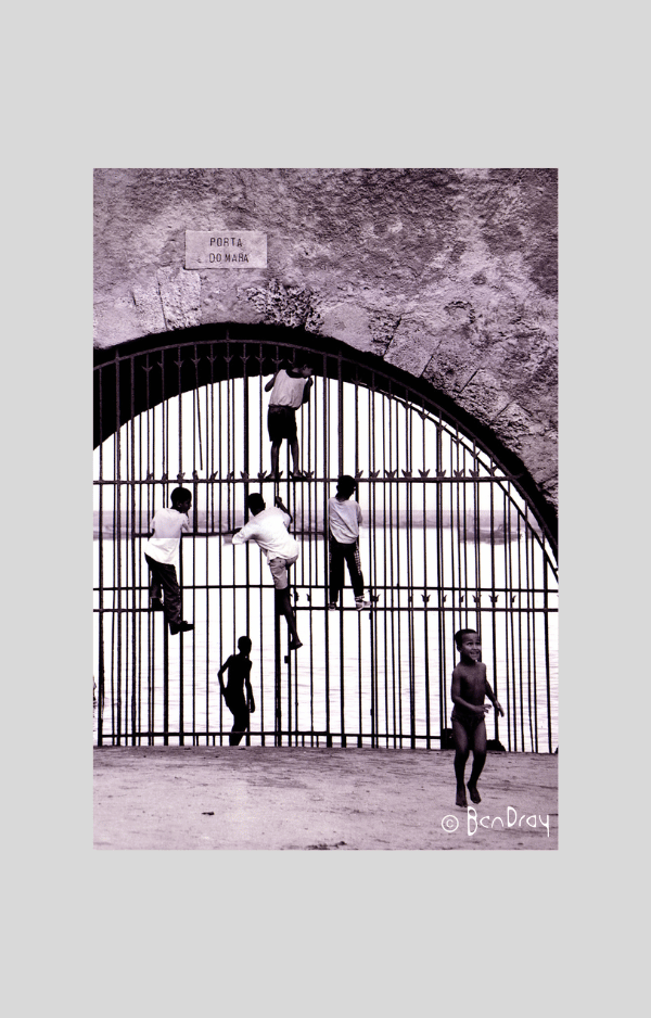 A group of Moroccan boys are playing and climbing a gate leading to the sea.