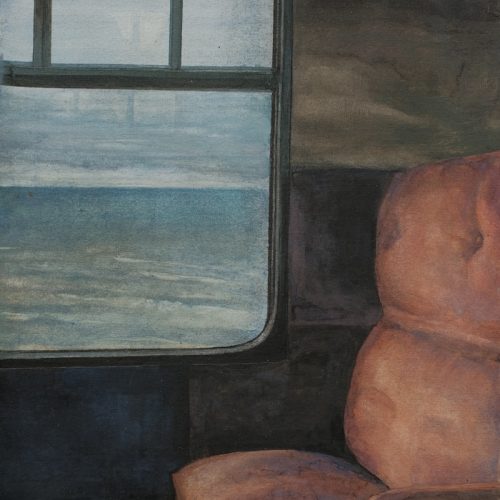 Tempera painting view through steam train carriage over a green sea with a calm sky