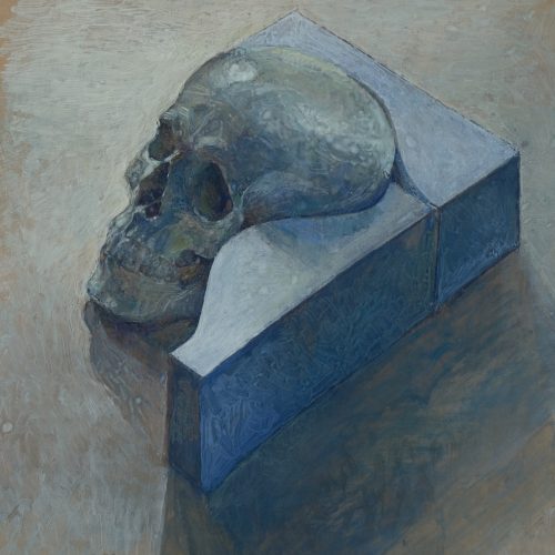 Painting of a human skull on flat surface enclosed by a curved sculptural form.